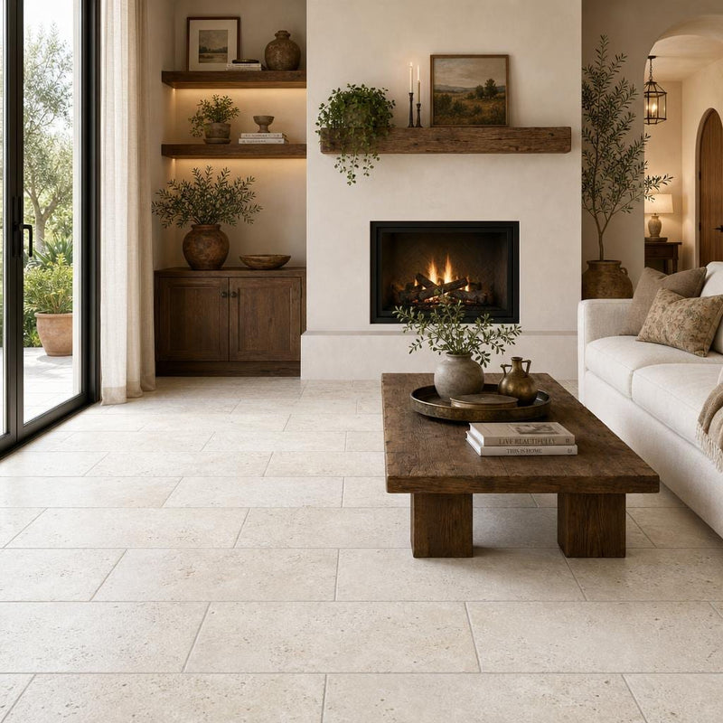 Nysa 12x24 Tumbled Travertine Tile — Living Room floor