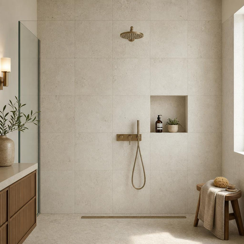 Nysa 24x24 Filled & Honed Travertine Tile — Bathroom shower wall