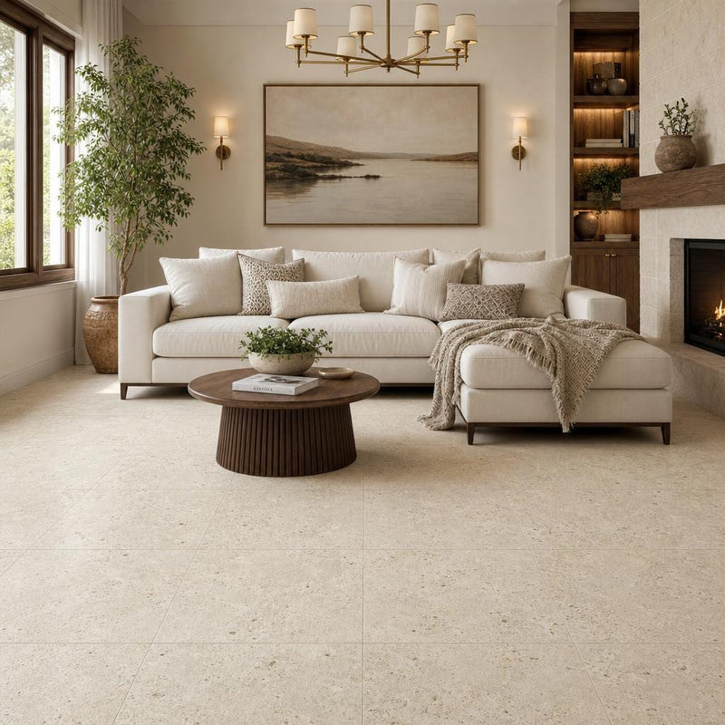 Nysa 24x24 Filled & Honed Travertine Tile — Living Room floor