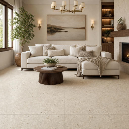 Nysa 24x24 Filled & Honed Travertine Tile — Living Room floor