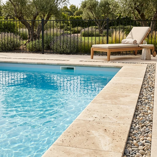 Nysa Travertine Coping 12x12 Tumbled Bullnose 1.25 inch pool coping — Swimming Pool pool edge drop-face coping