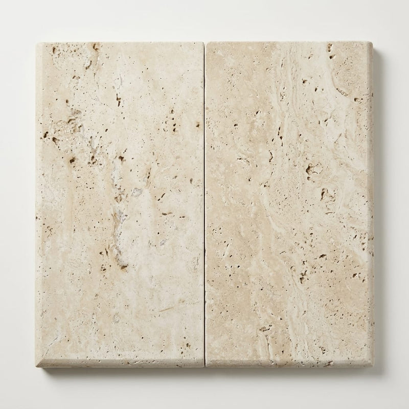 Nysa Travertine Coping 12x24 Tumbled Bullnose 1.25 inch close-up