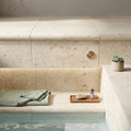 Nysa Travertine Coping 12x24 Tumbled Bullnose 1.25 inch pool coping — Spa spa overhang edge