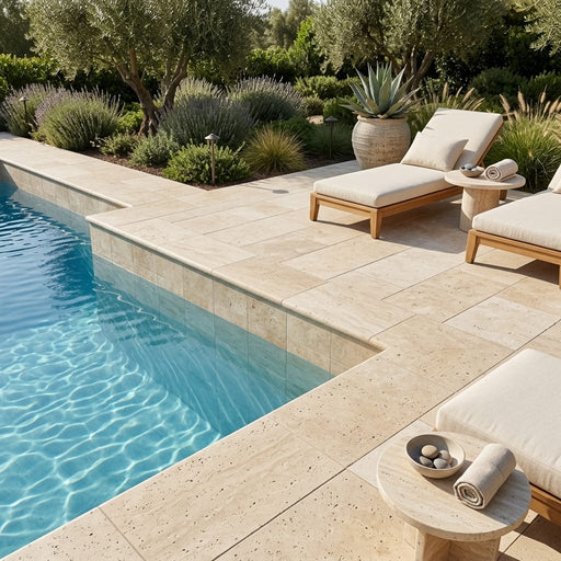 Nysa Travertine Coping 12x24 Tumbled Bullnose 1.25 inch pool coping — Swimming Pool pool edge drop-face coping