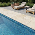 Nysa Travertine Coping 12x24 Tumbled Bullnose 1.25 inch pool coping — Swimming Pool remodel pool edge