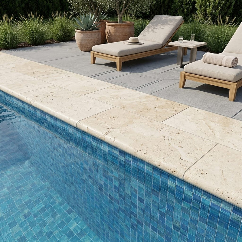 Nysa Travertine Coping 12x24 Tumbled Bullnose 1.25 inch pool coping — Swimming Pool remodel pool edge