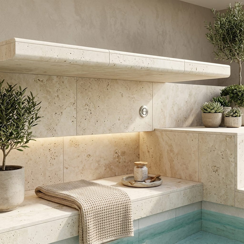 Nysa Travertine Coping 12x24 Unfilled, Honed Bullnose 2 inch pool coping — Spa spa overhang edge