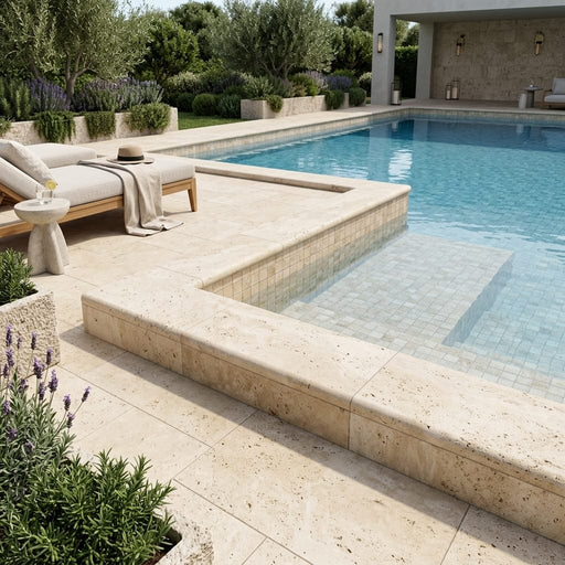 Nysa Travertine Coping 12x24 Unfilled, Honed Bullnose 2 inch pool coping — Swimming Pool pool edge drop-face coping
