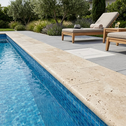 Nysa Travertine Coping 12x24 Unfilled, Honed Bullnose 2 inch pool coping — Swimming Pool remodel pool edge