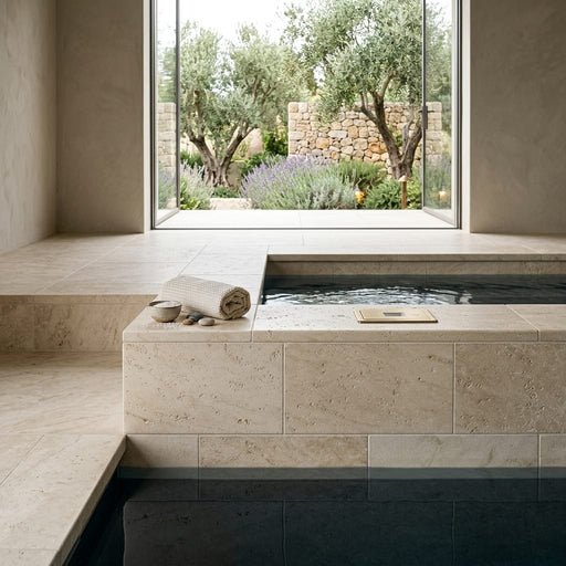 Nysa Travertine Coping 6x12 Unfilled, Honed Bullnose 1.25 inch pool coping — Spa spa overhang edge
