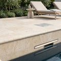 Nysa Travertine Coping 6x12 Unfilled, Honed Bullnose 1.25 inch pool coping — Swimming Pool remodel pool edge