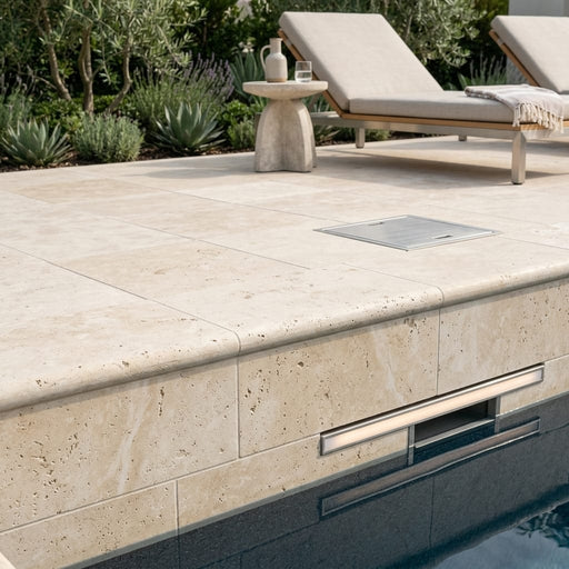 Nysa Travertine Coping 6x12 Unfilled, Honed Bullnose 1.25 inch pool coping — Swimming Pool remodel pool edge