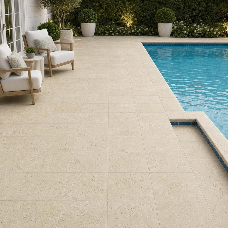 Nysa Travertine Paver 12x12 Unfilled, Honed 2 inch — Backyard pool deck