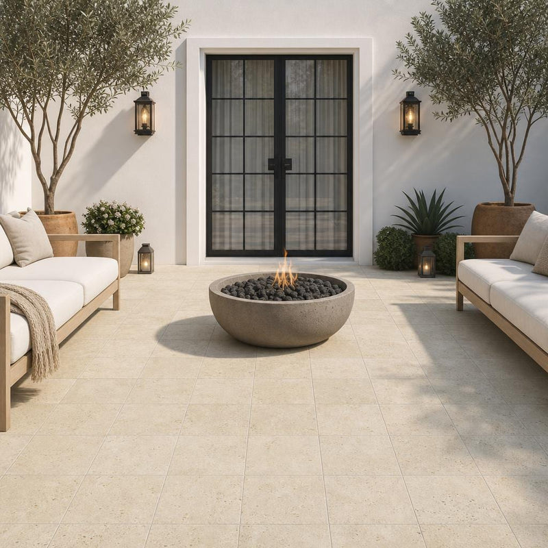 Nysa Travertine Paver 12x12 Unfilled, Honed 2 inch — Courtyard paving