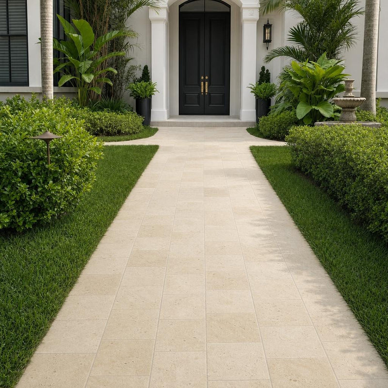 Nysa Travertine Paver 12x12 Unfilled, Honed 2 inch — Front Yard walkway