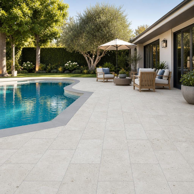 Nysa Travertine Paver 12x24 Tumbled 1.25 inch — Backyard pool deck