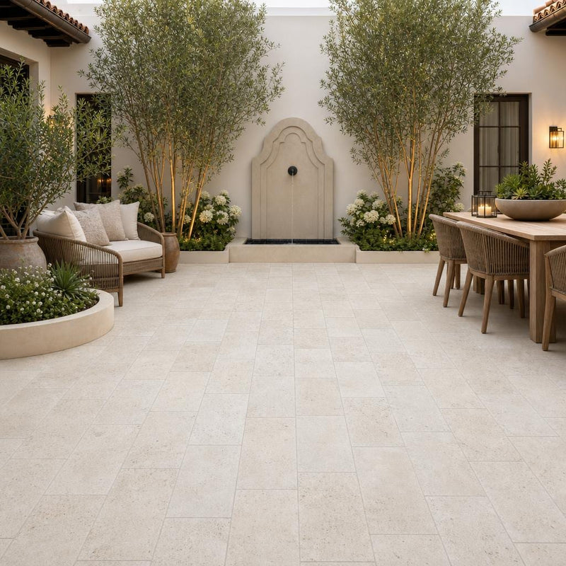 Nysa Travertine Paver 12x24 Tumbled 2 inch — Courtyard paving