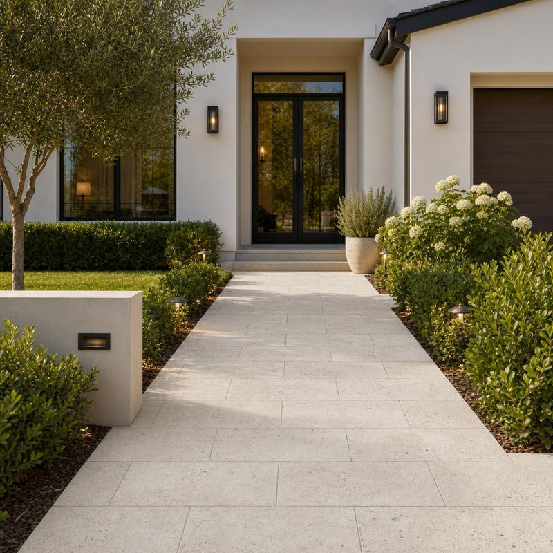 Nysa Travertine Paver 12x24 Tumbled 2 inch — Front Yard walkway