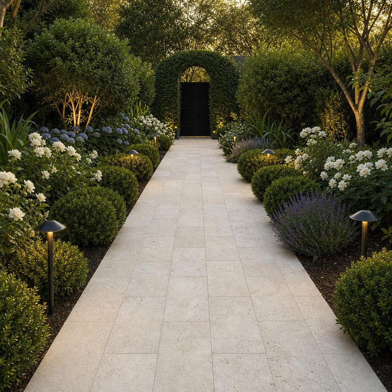Nysa Travertine Paver 12x24 Tumbled 2 inch — Garden path