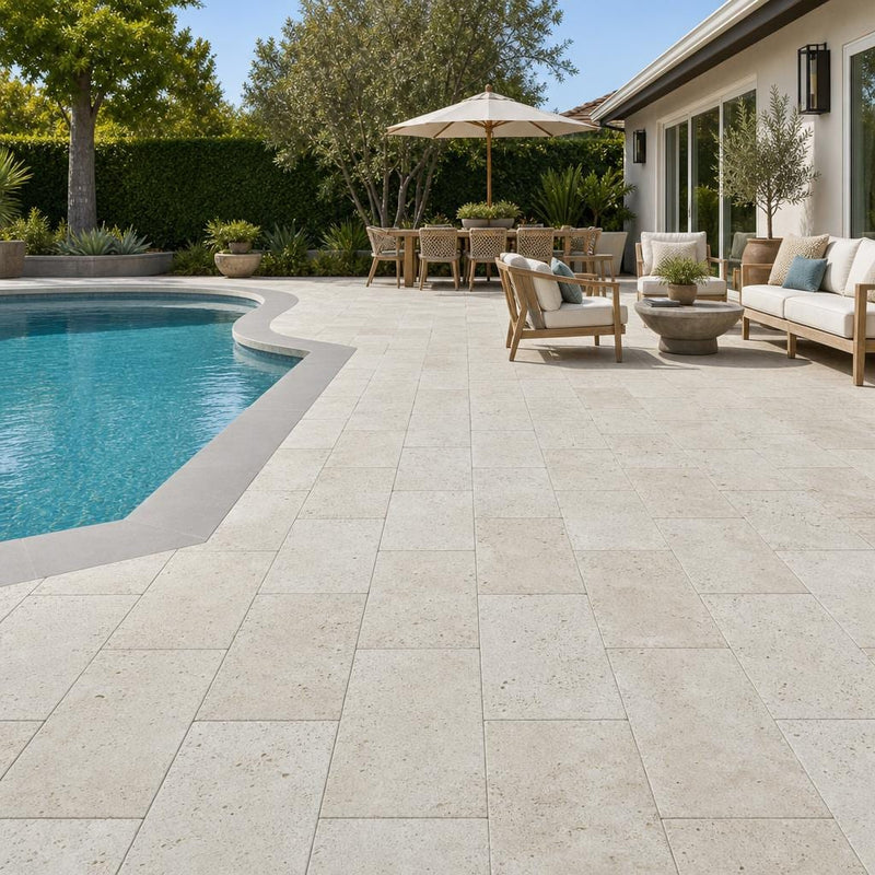 Nysa Travertine Paver 16x24 Tumbled 1.25 inch — Backyard pool deck