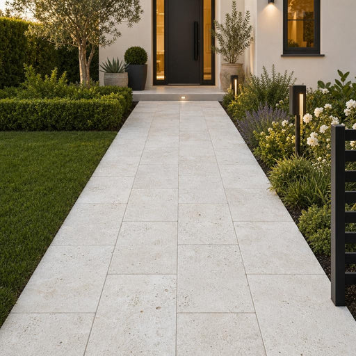 Nysa Travertine Paver 16x24 Tumbled 1.25 inch — Front Yard walkway