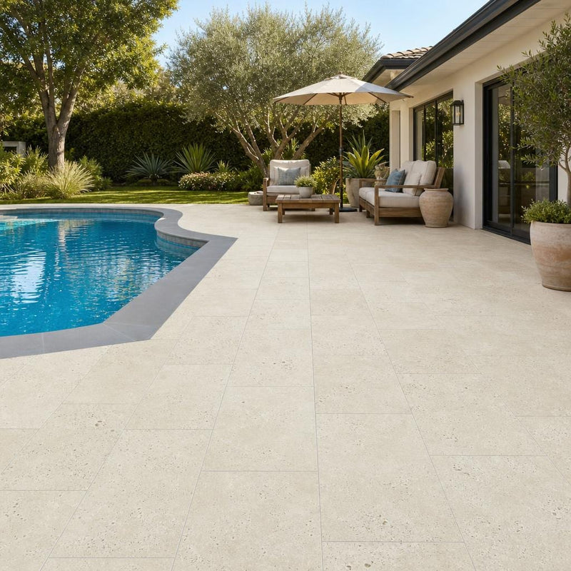 Nysa Travertine Paver 16x24 Unfilled, Honed 2 inch — Backyard pool deck