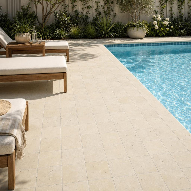 Nysa Travertine Paver 6x6 Tumbled 1.25 inch — Backyard pool deck