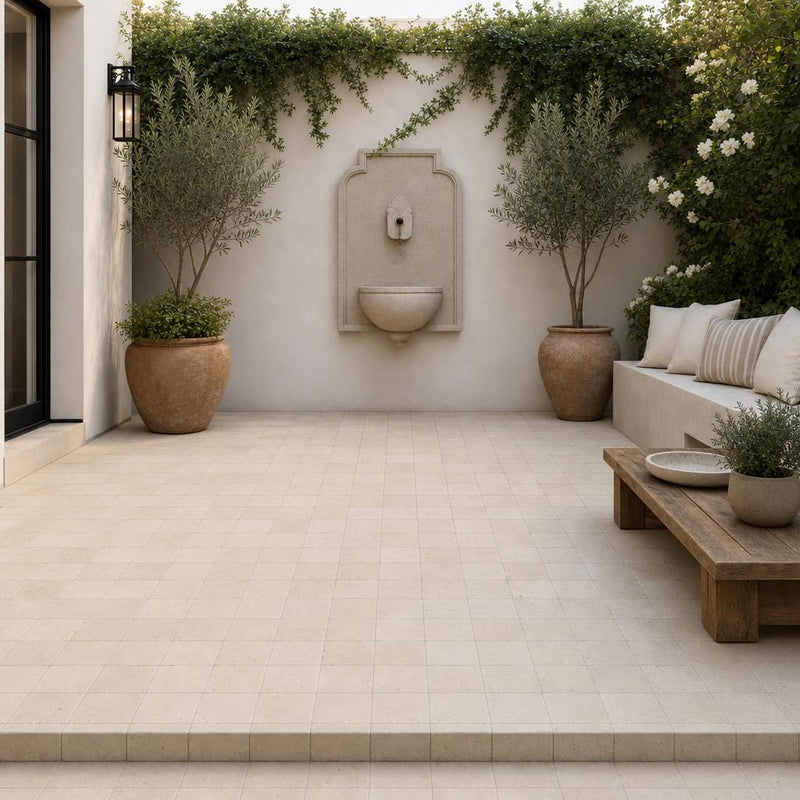 Nysa Travertine Paver 6x6 Tumbled 1.25 inch — Courtyard paving