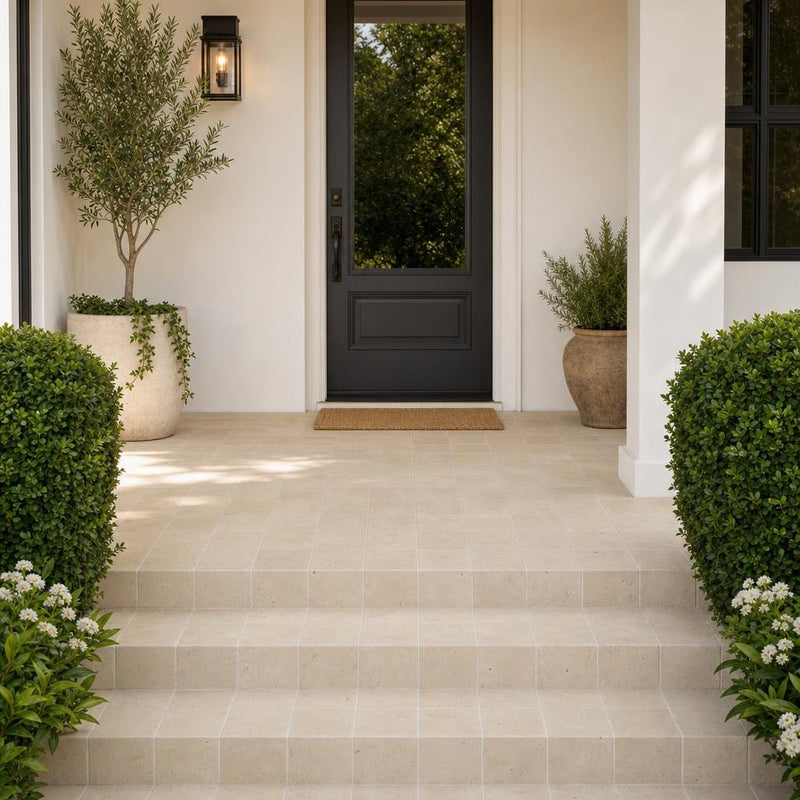 Nysa Travertine Paver 6x6 Tumbled 1.25 inch — Front Yard front porch