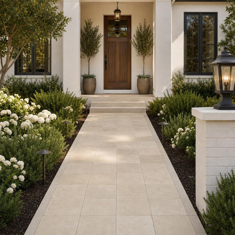 Nysa Travertine Paver 8x8 Tumbled 1.25 inch — Front Yard walkway