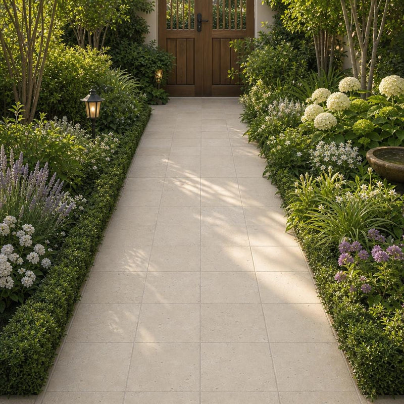 Nysa Travertine Paver 8x8 Tumbled 1.25 inch — Garden path