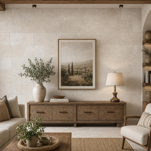 Nysa Travertine Tile 16x24 Tumbled — Living Room feature wall