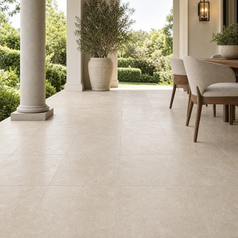 Nysa Travertine Tile 18x18 Filled, Honed — Covered Patio floor