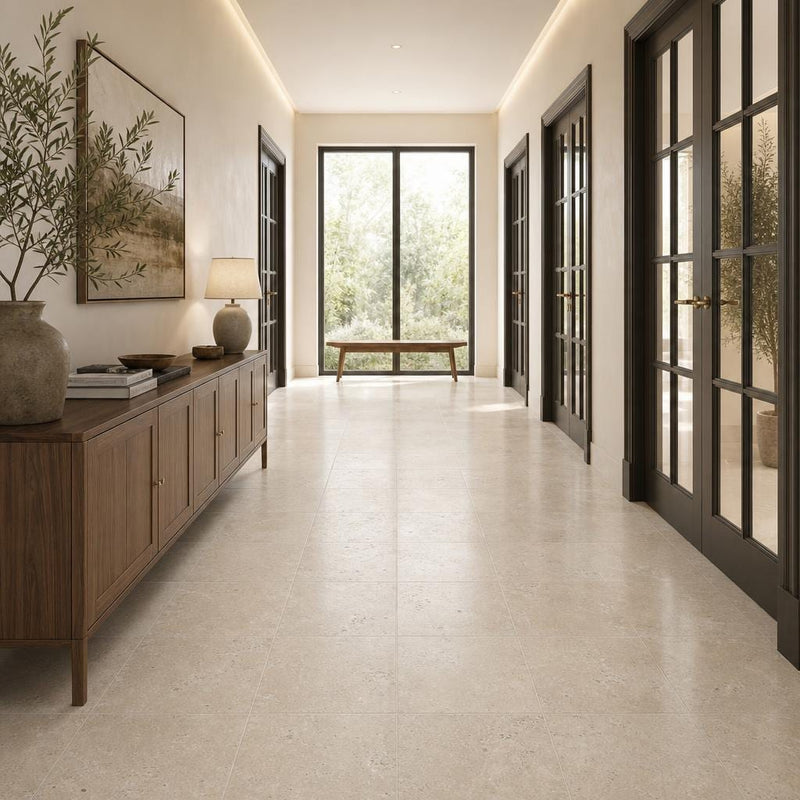 Nysa Travertine Tile 18x18 Filled, Honed — Hallway floor