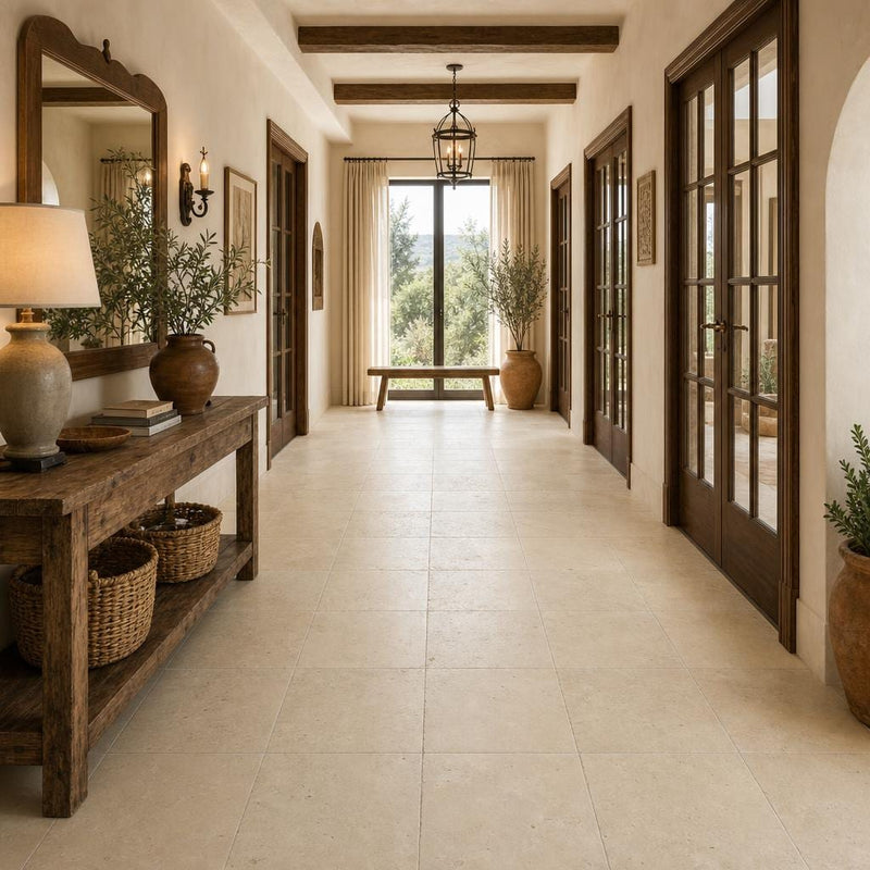 Nysa Travertine Tile 18x18 Tumbled — Hallway floor