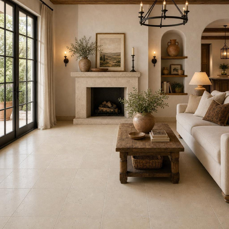 Nysa Travertine Tile 18x18 Tumbled — Living Room floor