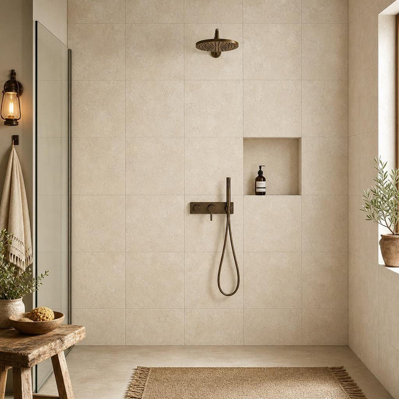Nysa Travertine Tile 24x24 Tumbled — Bathroom shower wall