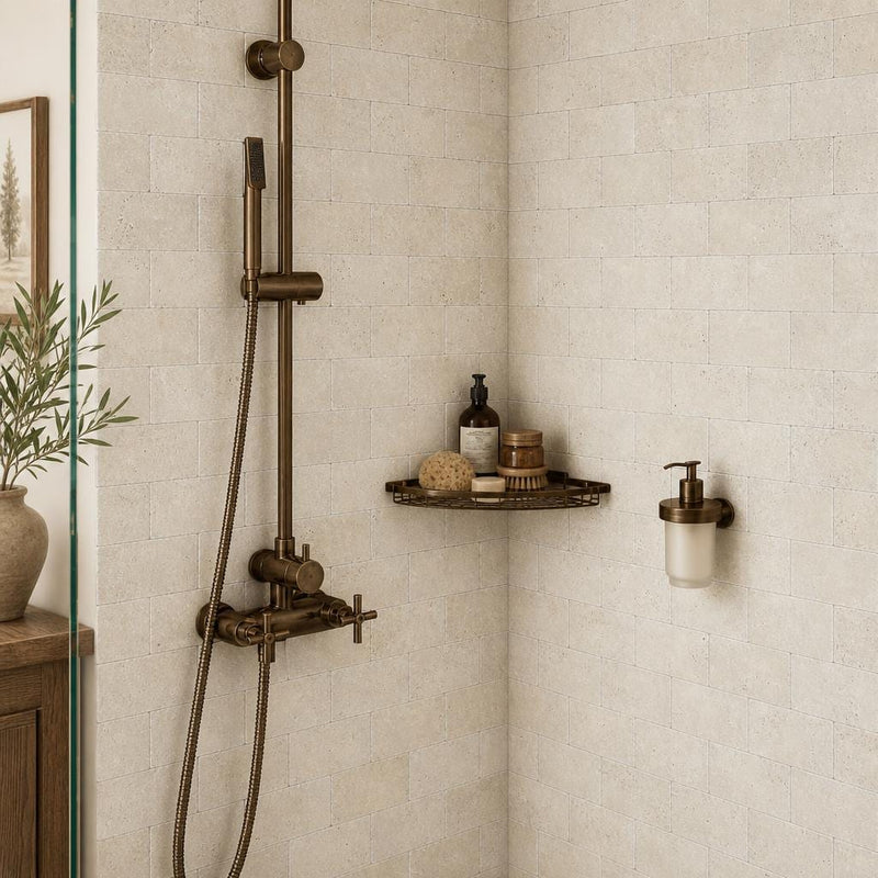 Nysa Travertine Tile 3x6 Tumbled — Bathroom shower wall