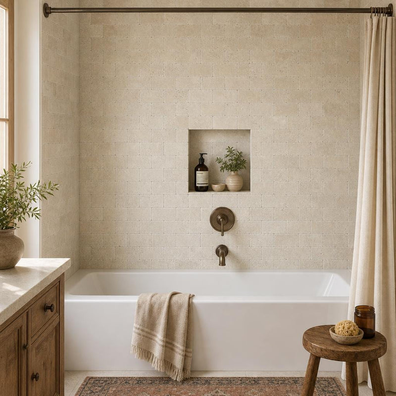 Nysa Travertine Tile 3x6 Tumbled — Bathroom tub surround