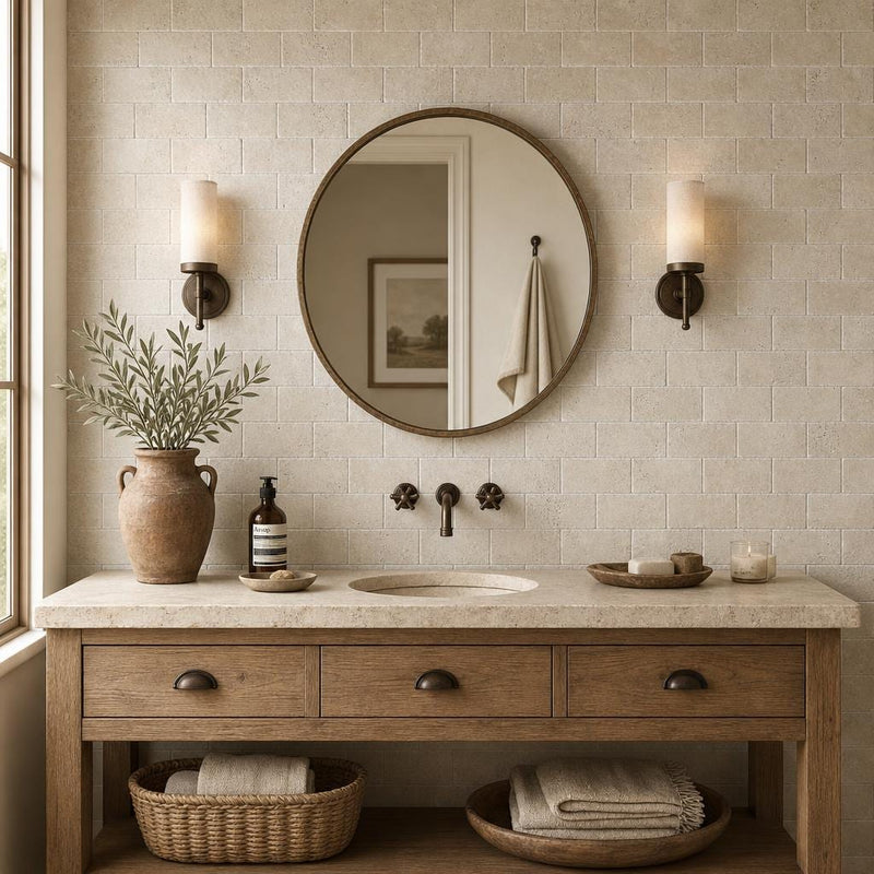 Nysa Travertine Tile 3x6 Tumbled — Bathroom wall