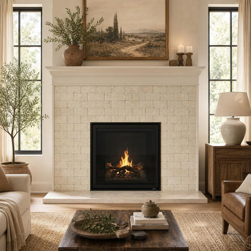 Nysa Travertine Tile 3x6 Tumbled — Living Room fireplace surround