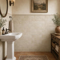 Nysa Travertine Tile 3x6 Tumbled — Powder Room wainscot