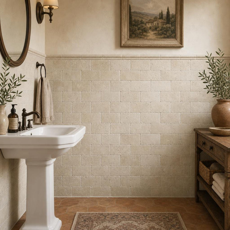 Nysa Travertine Tile 3x6 Tumbled — Powder Room wainscot