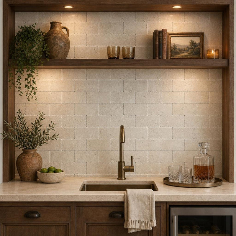 Nysa Travertine Tile 3x6 Tumbled — Wet Bar backsplash