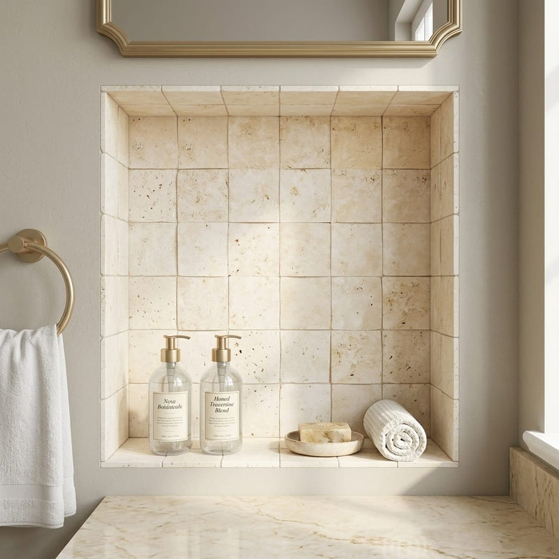 Nysa Travertine Tile 4x4 Honed — Bathroom niche