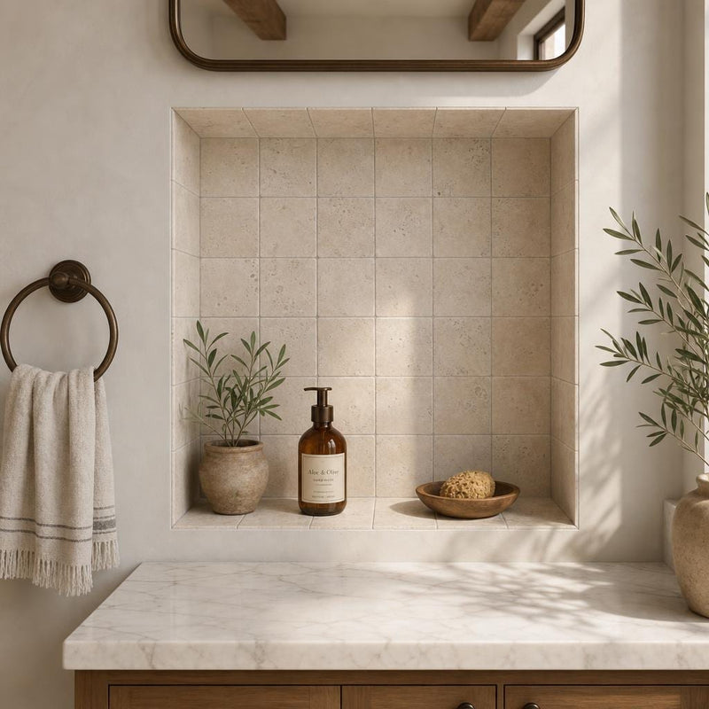 Nysa Travertine Tile 4x4 Tumbled — Bathroom niche