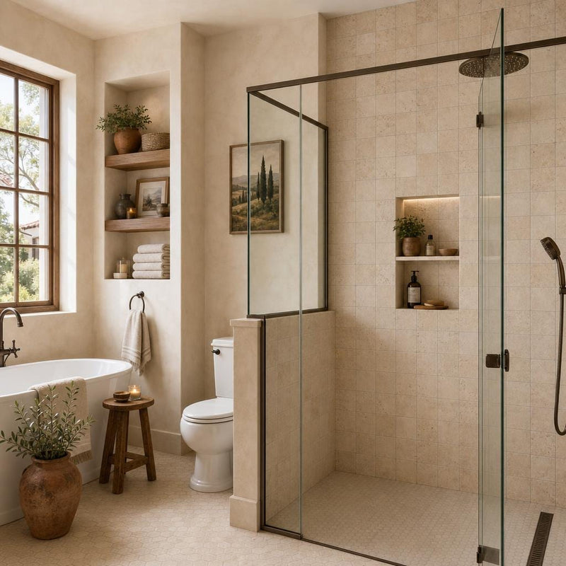 Nysa Travertine Tile 4x4 Tumbled — Bathroom shower wall accent band