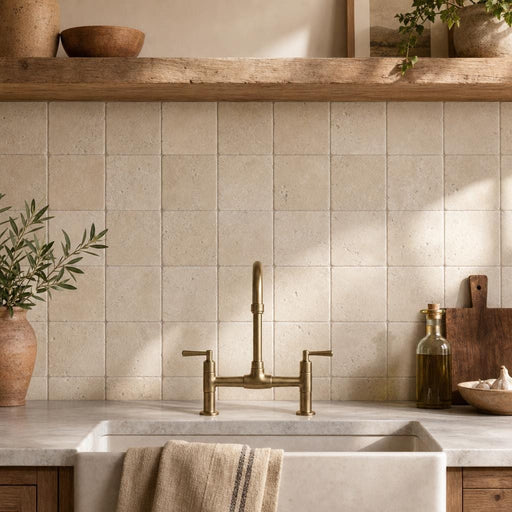 Nysa Travertine Tile 4x4 Tumbled — Kitchen backsplash