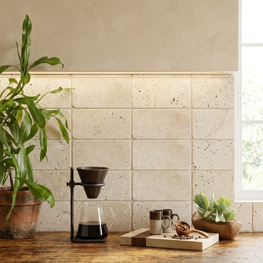 Nysa Travertine Tile 6x12 Tumbled — Kitchen backsplash edge
