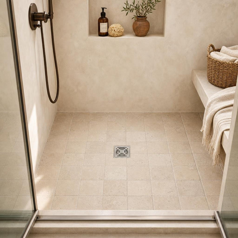 Nysa Travertine Tile 6x6 Tumbled — Bathroom shower floor